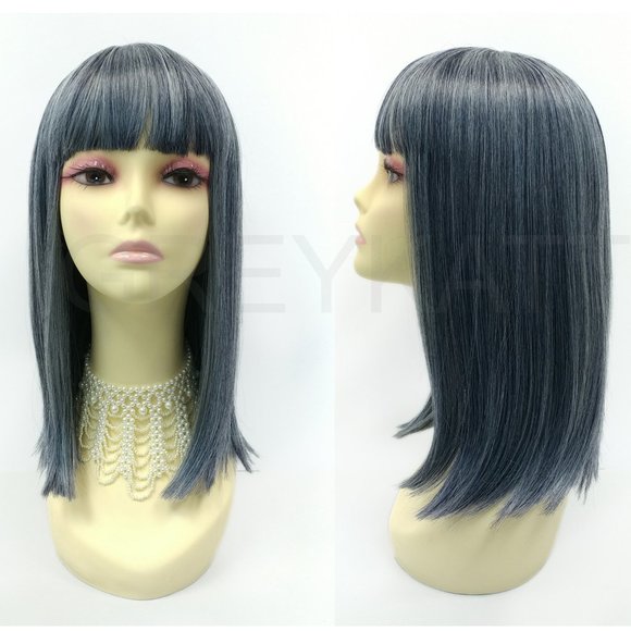 Smoky Blue Blunt Cut Bangs Long Straight Wig